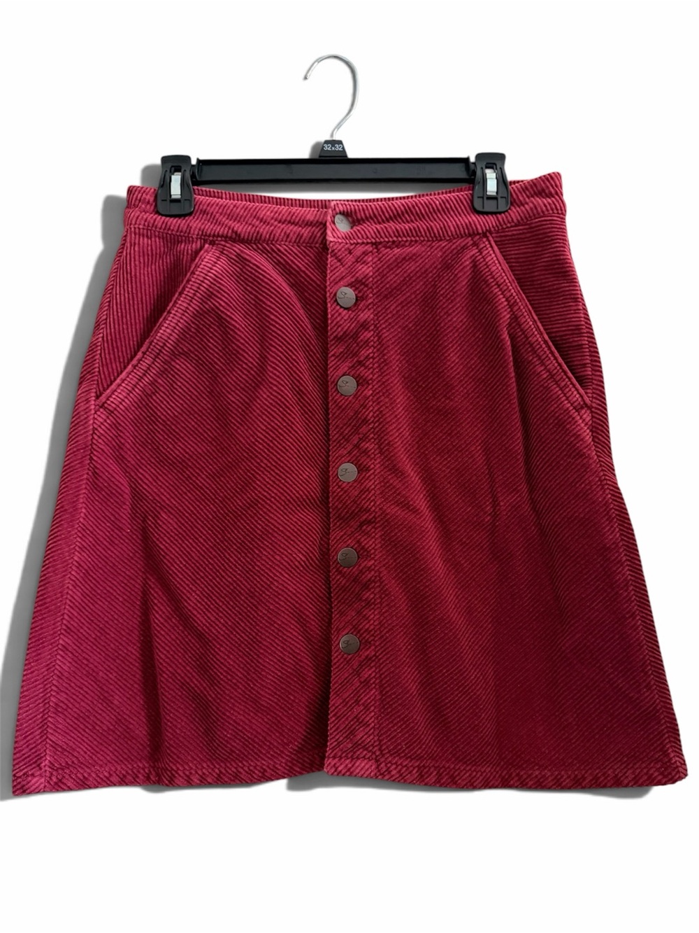 Button-Front Corduroy A-Line Skirt in Deep Berry